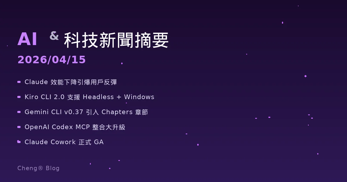 AI 與科技新聞摘要 - 2026/04/15