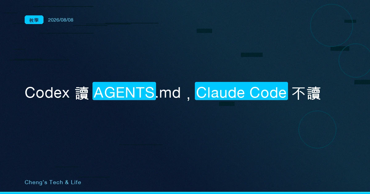 同一個 repo 兩個 agent：Codex 讀 AGENTS.md，Claude Code 不讀
